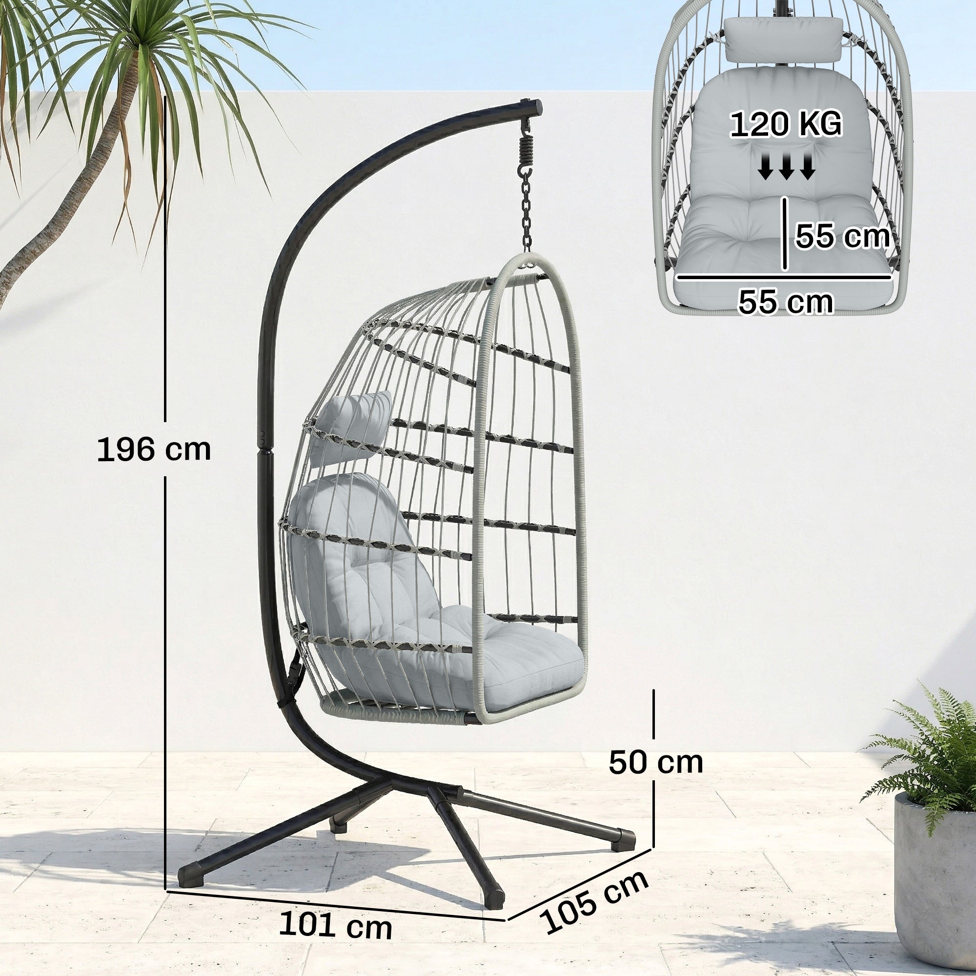 Outsunny Hanging Egg Chair, Indoor Outdoor Hammock Swing Chair with Stand, Safety Strap, Foldable Basket, Light Grey 