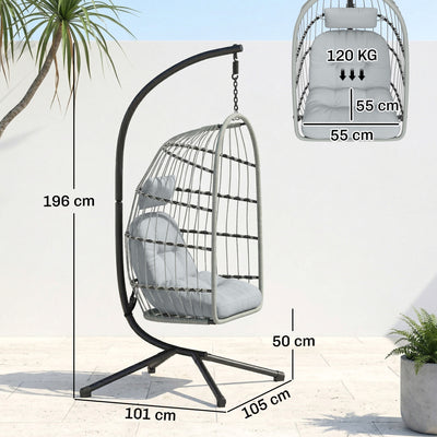 Outsunny Hanging Egg Chair, Indoor Outdoor Hammock Swing Chair with Stand, Safety Strap, Foldable Basket, Light Grey 