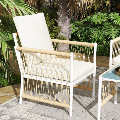 Outsunny 4 Piece Rattan Garden Furniture Set, 4 Seater Wicker Patio Conversation Set with 2 Armchairs, Loveseat, Glass Top Coffee Table and Cushions for Outdoor, Balcony, Khaki 