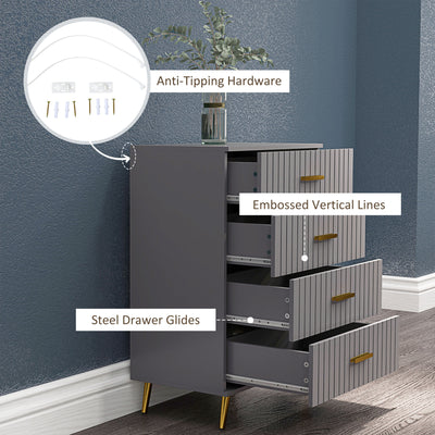 HOMCOM Four Drawer Embossed Line Dresser - Grey/Gold Tone 