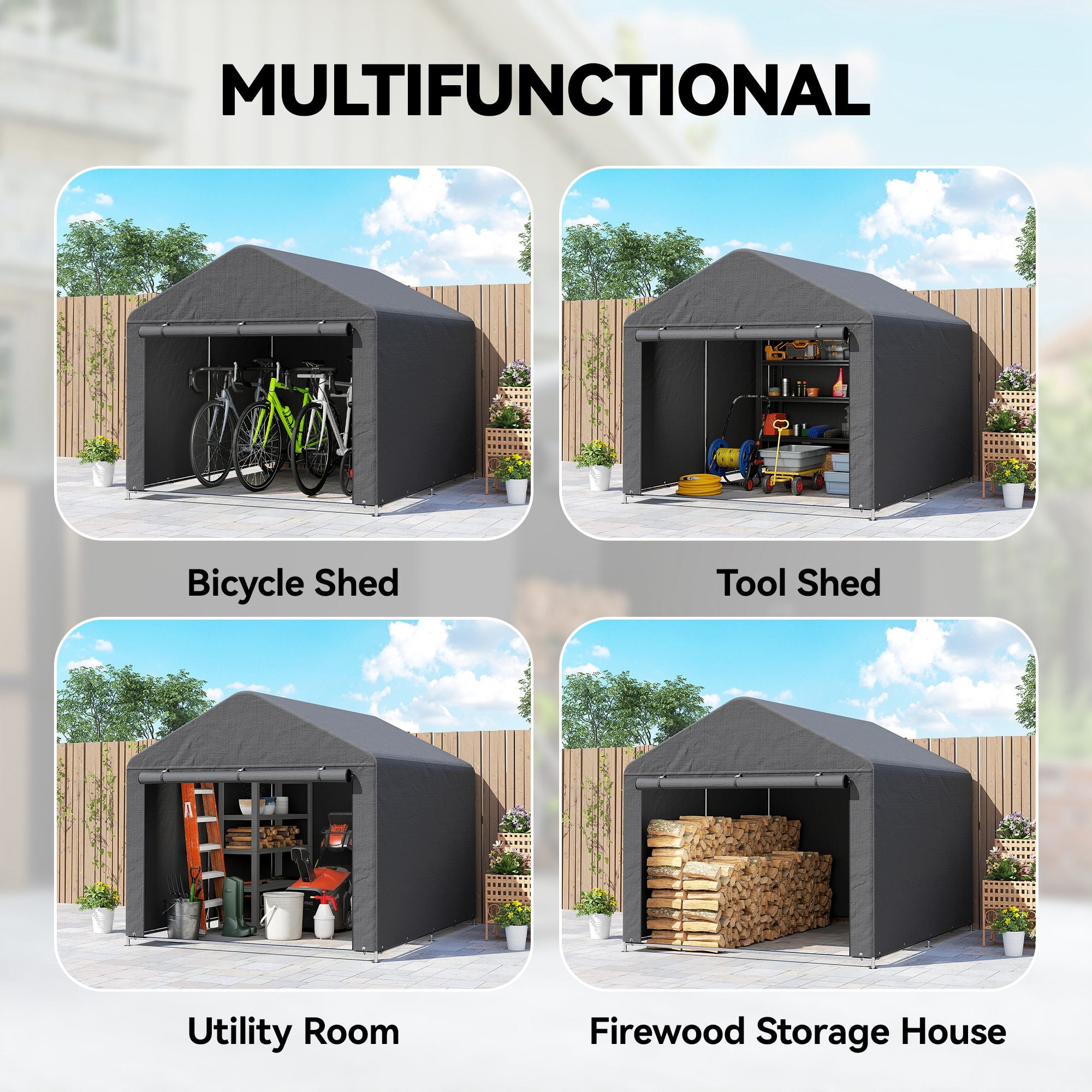 Outsunny 6.6 x 7.8ft Outdoor Garden Storage Shed, Waterproof Bike Tent with Roll-up Zipper Door, Galvanised Metal Frame, Portable Shed Shelter Carport for Motorcycle Garden Tools, Dark Grey 