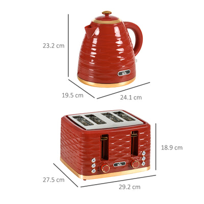 HOMCOM 3000W 1.7L Rapid Boil Kettle & 4 Slice Toaster, Kettle and Toaster Set with 7 Browning Controls and Crumb Tray, Red 