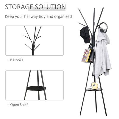 HOMCOM Freestanding Metal Coat Rack Stand 9 Hooks Clothes Tree with 1 Shelf Hat Display Hall Tree Hanger Bag Umbrella Hanging Organiser Black 