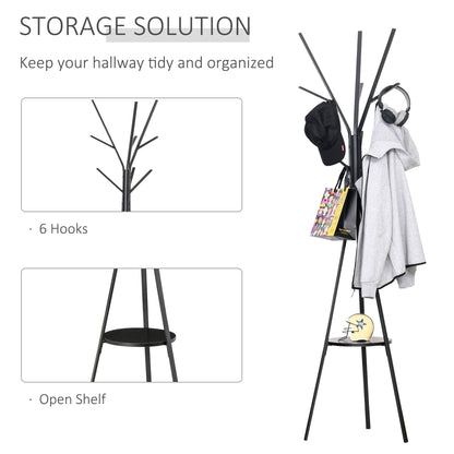 HOMCOM Freestanding Metal Coat Rack Stand 9 Hooks Clothes Tree with 1 Shelf Hat Display Hall Tree Hanger Bag Umbrella Hanging Organiser Black 