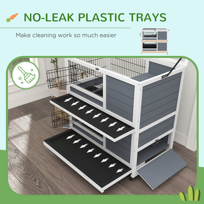 PawHut Double Deckers Guinea Pig Cage, Indoor Rabbit Hutch with Feeding Trough, Trays, Ramps, Openable Top - Grey 
