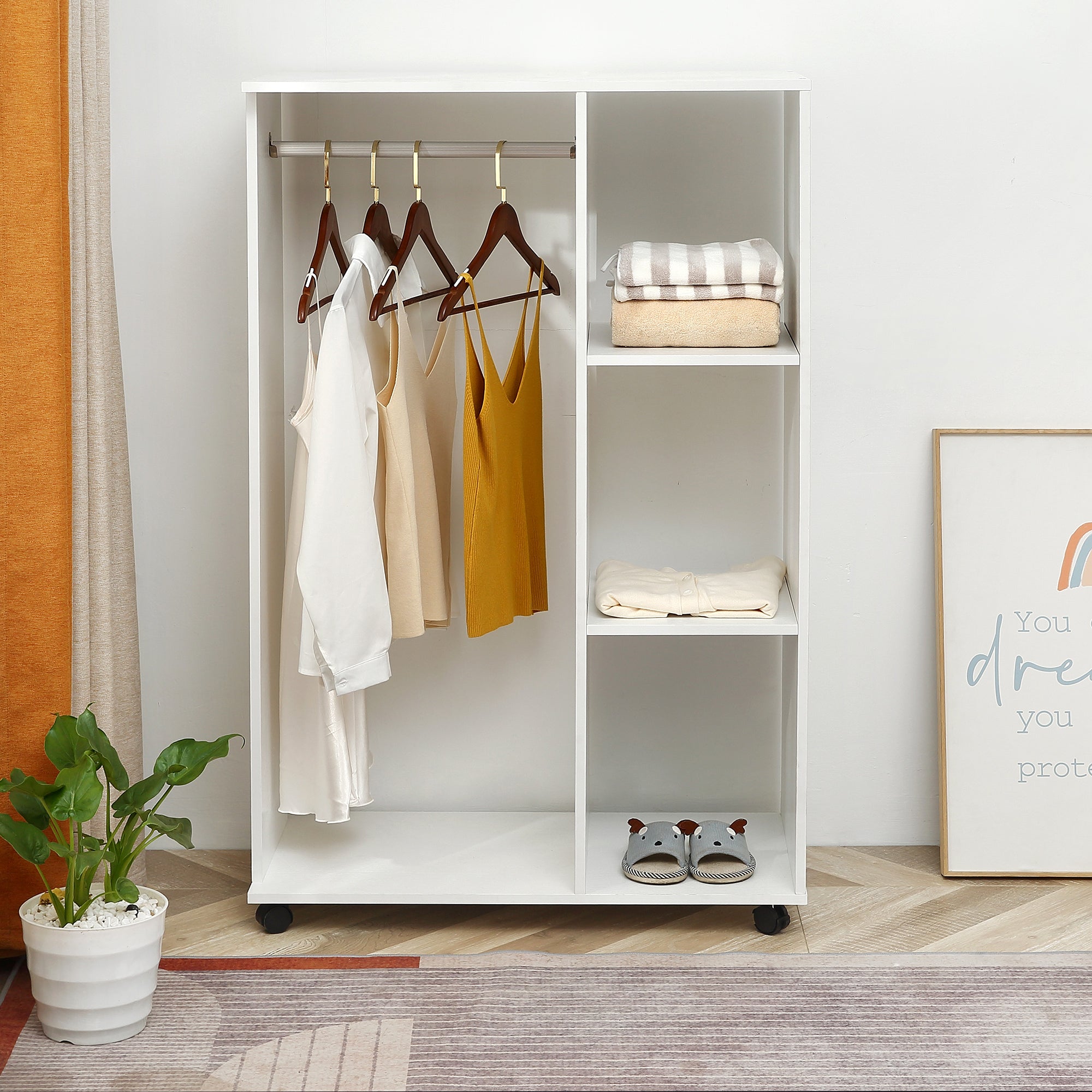 HOMCOM Open Wardrobe on Wheels, Bedroom Wardrobe with Clothes Hanging Rail, 3 Storage Shelves, Mobile Garment Rack for Cloakroom, Hallway, White 