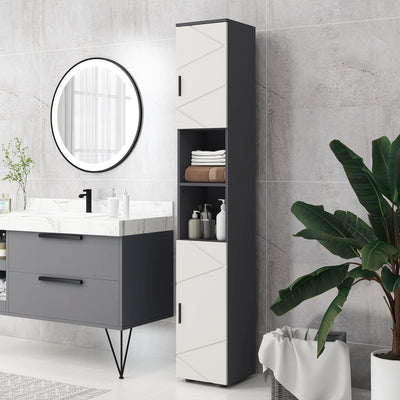 kleankin 183cm Tall Bathroom Cabinet, Narrow Bathroom Storage Cabinet with Open Shelves, 2 Doors Cabinets, Adjustable Shelves and Soft Close Mechanism, Grey 