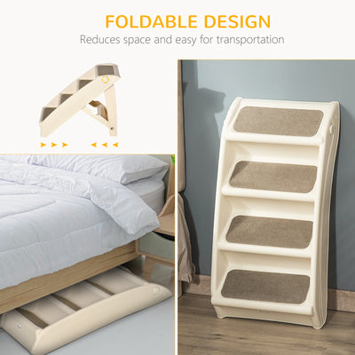 PawHut Foldable Four-Step Pet Stairs, for Cats, Small Miniature Dogs, with Non-Slip Mats 62 x 38 x 49.5cm - Beige 