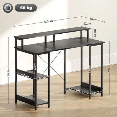 HOMCOM Computer Desk with Power Outlets and LED Lights, 120 x 50cm Reversible Home Office Desk with Monitor Stand and 2-Tier Storage Shelves, Gaming Desk with Cable Management, Black 