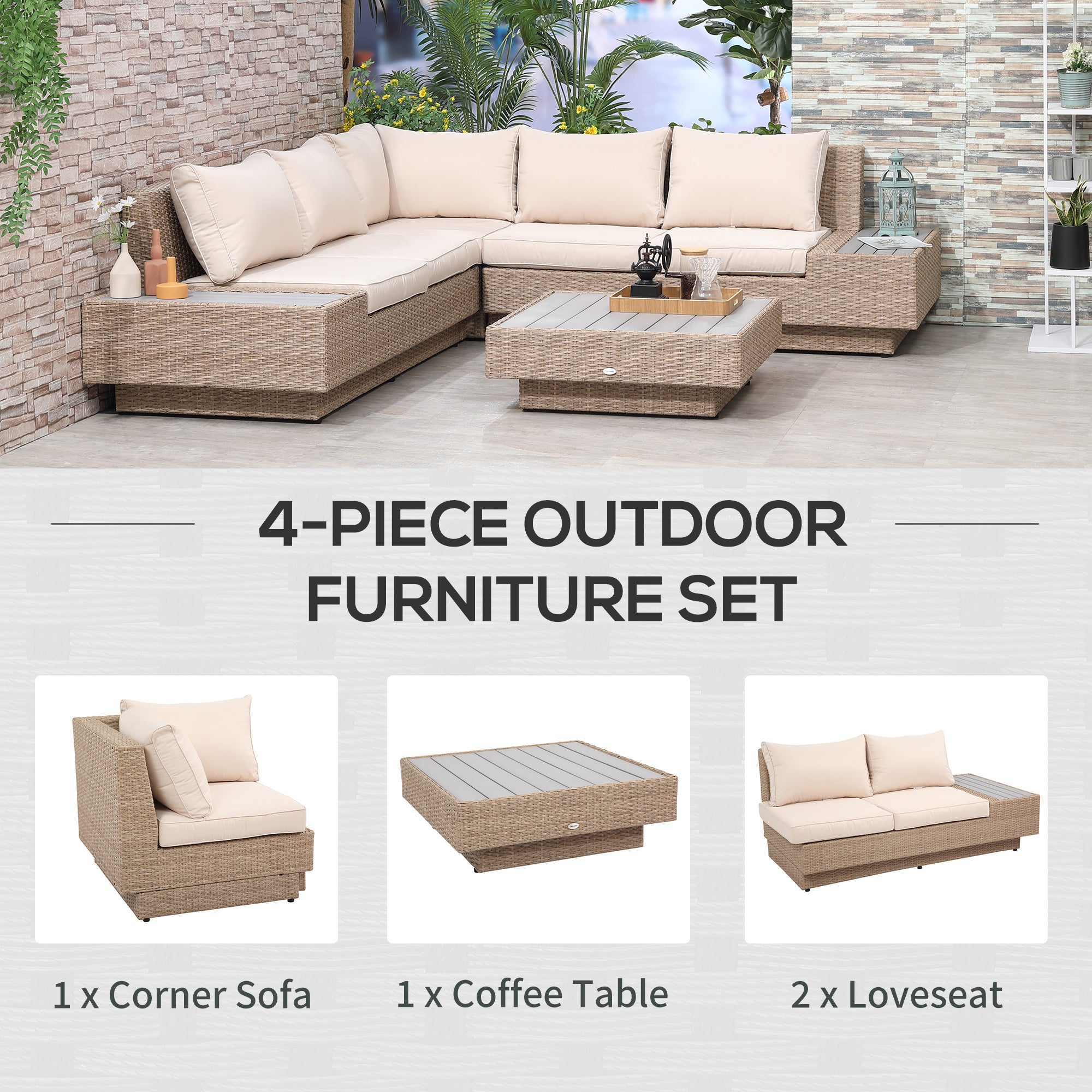 Outsunny 4 Pieces Rattan Garden Furniture Set, Garden Corner Sofa with Side Trays, Wicker Conservatory Furniture Set with Loveseats, Slatted Plastic Top Coffee Table and Cushions, Beige 