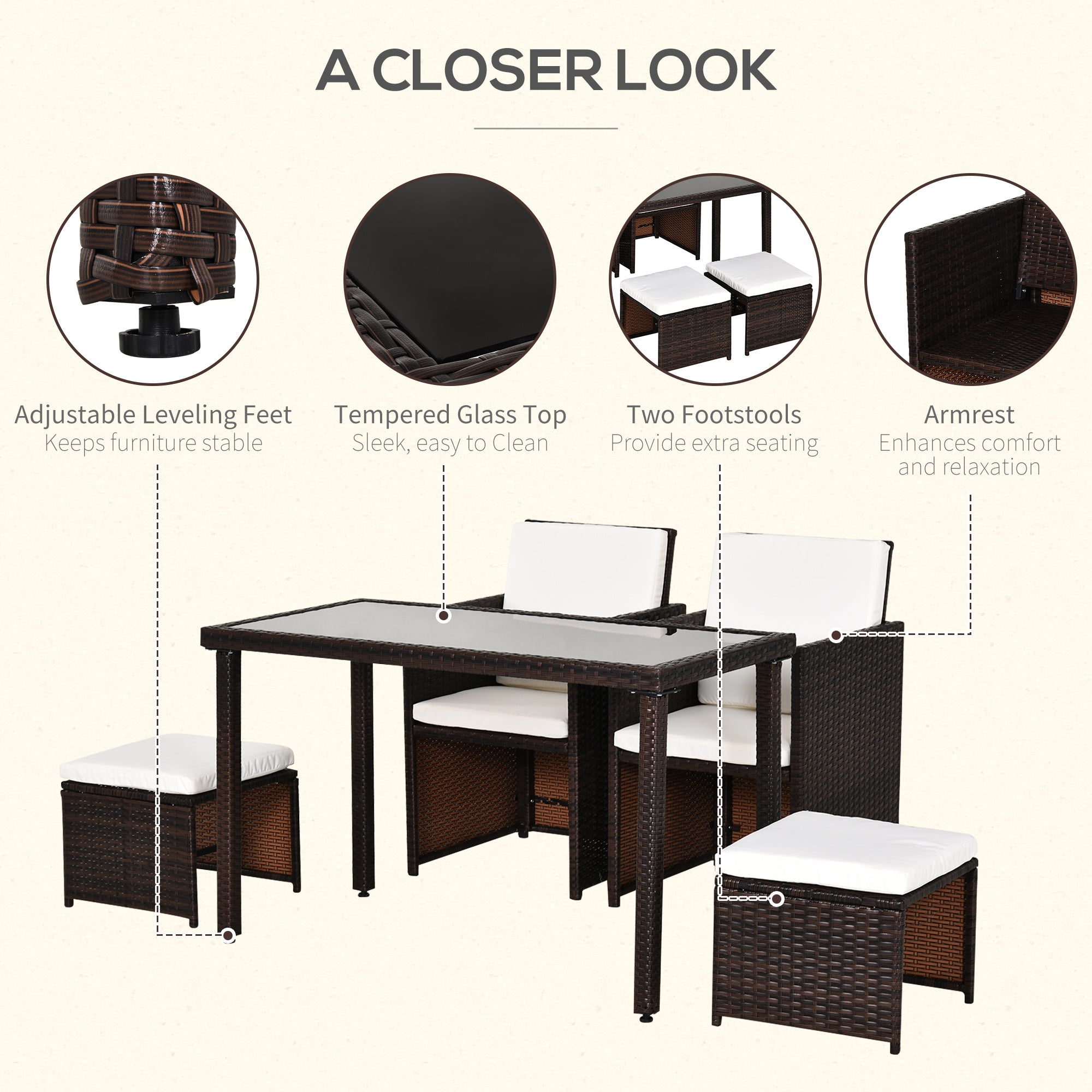 Outsunny 2 Seater Rattan Cube Garden Furniture Set, Rattan Dining Set with Cushions, Outdoor Dining Table and Chairs with 2 Armchairs, 2 Stools, Rectangular Glass Top Table for Patio, Balcony, Brown 
