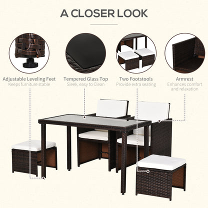 Outsunny 2 Seater Rattan Cube Garden Furniture Set, Rattan Dining Set with Cushions, Outdoor Dining Table and Chairs with 2 Armchairs, 2 Stools, Rectangular Glass Top Table for Patio, Balcony, Brown 