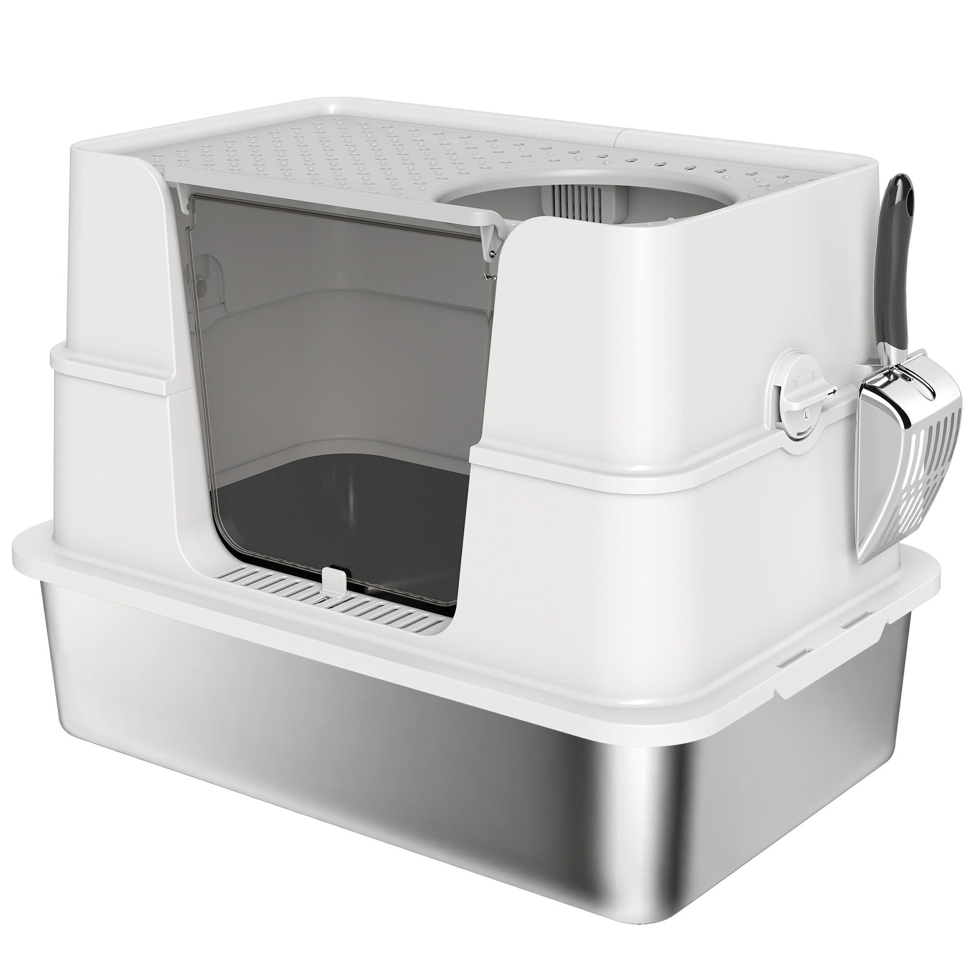 PawHut XL Stainless Steel Litter Box w/ 100° Flip Top, Scoop, Side Top Dual Entry, Odor Free, Easy Cleaning, Anti Leakage 