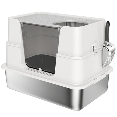 PawHut XL Stainless Steel Litter Box w/ 100° Flip Top, Scoop, Side Top Dual Entry, Odor Free, Easy Cleaning, Anti Leakage 