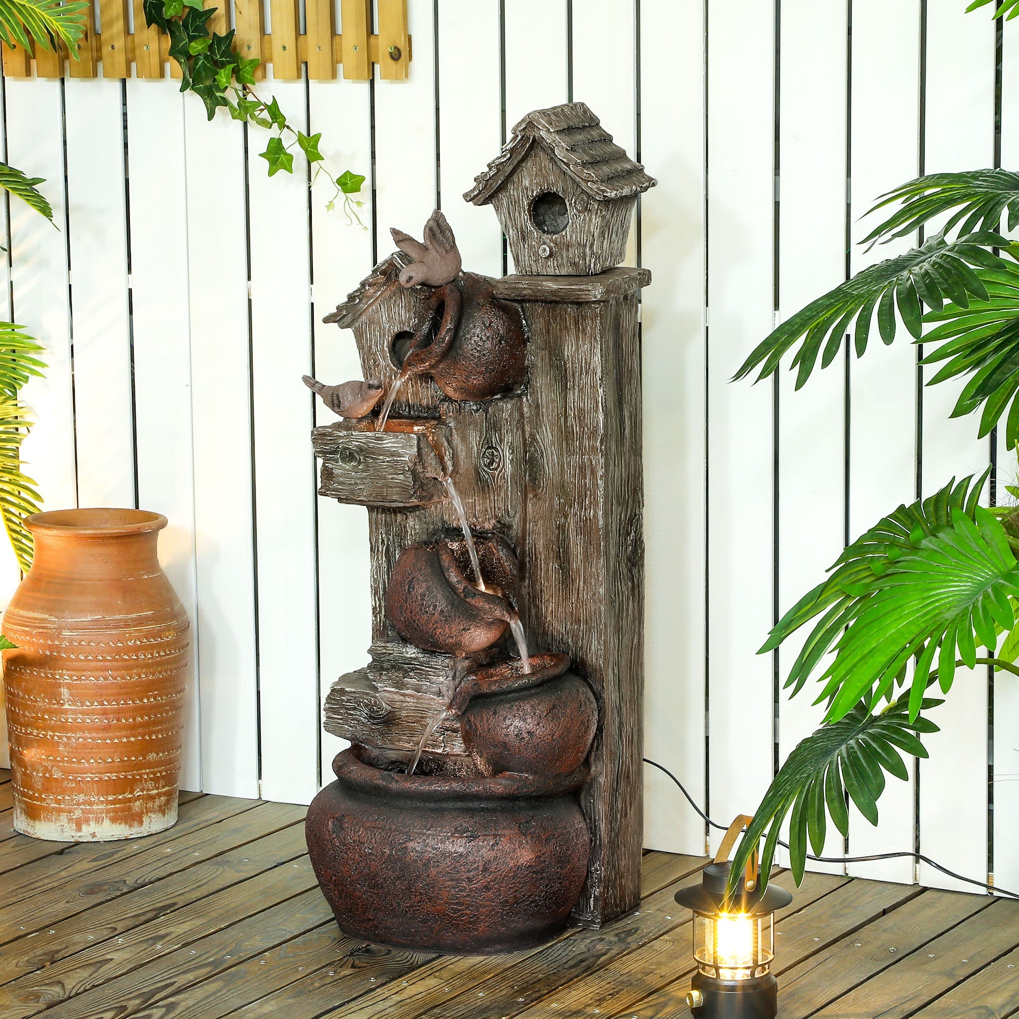 Outsunny 2-in-1 Waterfall Fountain with Birdhouse, Resin Garden Water Fountain with LED Lights Pump, Cascading Garden Water Feature with Tree Trunk Design, Multi-colour 