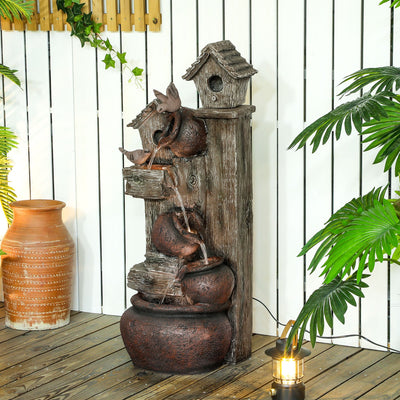 Outsunny 2-in-1 Waterfall Fountain with Birdhouse, Resin Garden Water Fountain with LED Lights Pump, Cascading Garden Water Feature with Tree Trunk Design, Multi-colour 