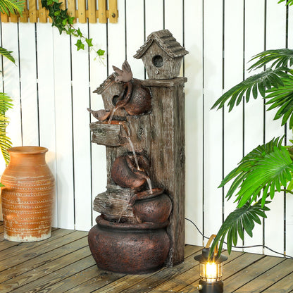 Outsunny 2-in-1 Waterfall Fountain with Birdhouse, Resin Garden Water Fountain with LED Lights Pump, Cascading Garden Water Feature with Tree Trunk Design, Multi-colour 