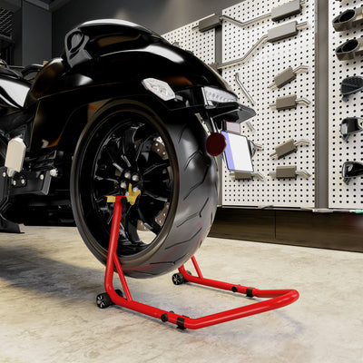 HOMCOM Motorcycle Rear Wheel Stand, 544 kg Capacity Heavy Duty Steel Motorbike Motorcycle Paddock Stand Lift with Adjustable U + L Forks, Wheels, Non-Slip Pads for Workshop Garage Repair, Red 