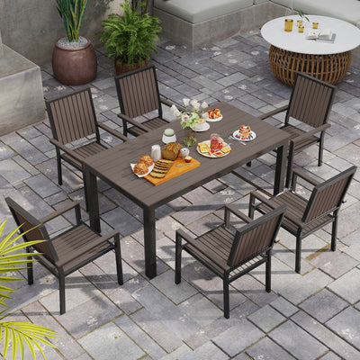 Outsunny 6 Seater Garden Dining Set with Stackable Chairs, Aluminium Frame, Rectangular Plastic Top, Garden Furniture Set, Outdoor Dining Table and Chairs for Patio, Balcony, Poolside, Brown 