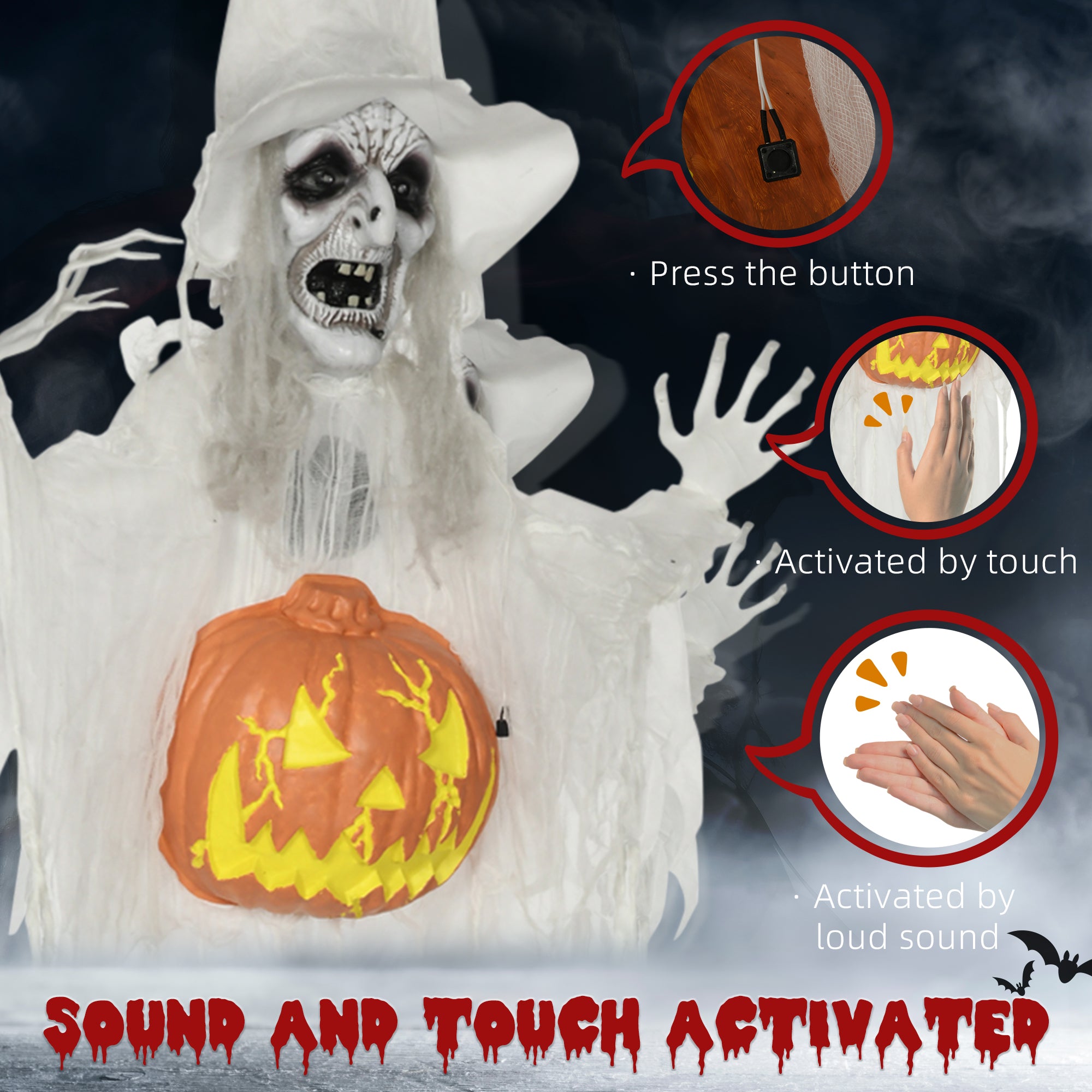HOMCOM 6ft Outdoor Halloween Decoration Witch with Pumpkin, Standing Skeleton Witch Prop Life Size with Sound and Motion Activated, Light Up Eyes, Laughing Sound, Posable Arms, White 