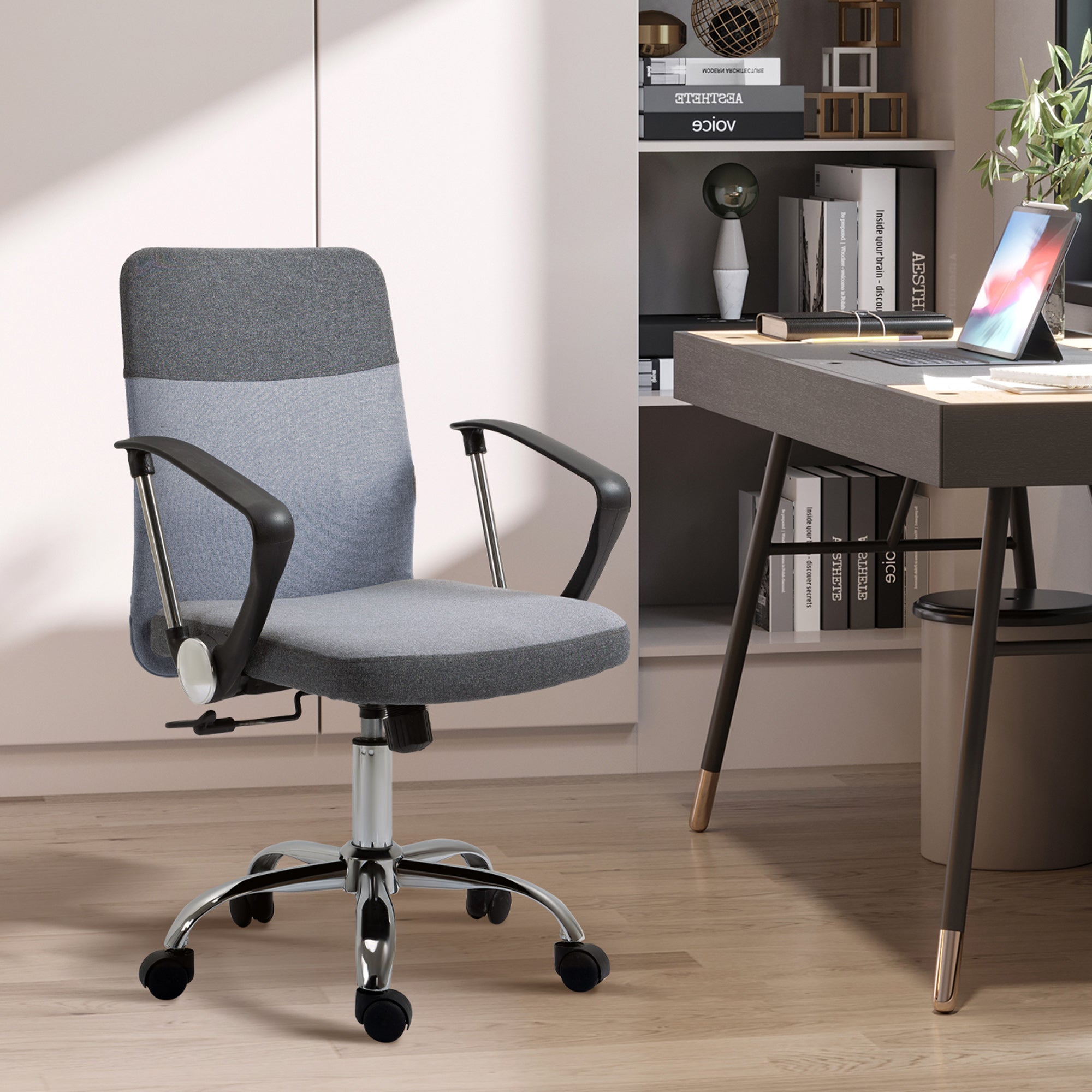 Vinsetto Office Chair Linen Fabric Swivel Computer Desk Chair Home Study Adjustable Chair with Wheels, Grey 