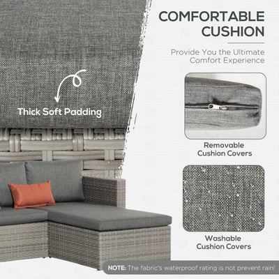 Outsunny 3 Pieces Outdoor PE Rattan Sofa Set, Patio Wicker Conversation Chaise Lounge Furniture w/ Tempered Glass Table-top & Soft Padded Cushion for Garden, Backyard, Lawn, Grey 