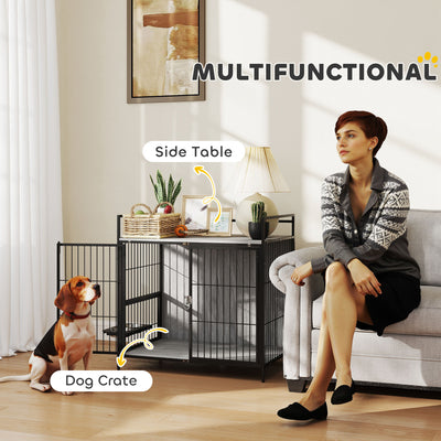 PawHut Dog Crate Furniture with Rotating Bowl Holder, 2 Bowls, 2 Doors, for Medium Dogs, 80 x 56 x 76.5 cm, Grey 