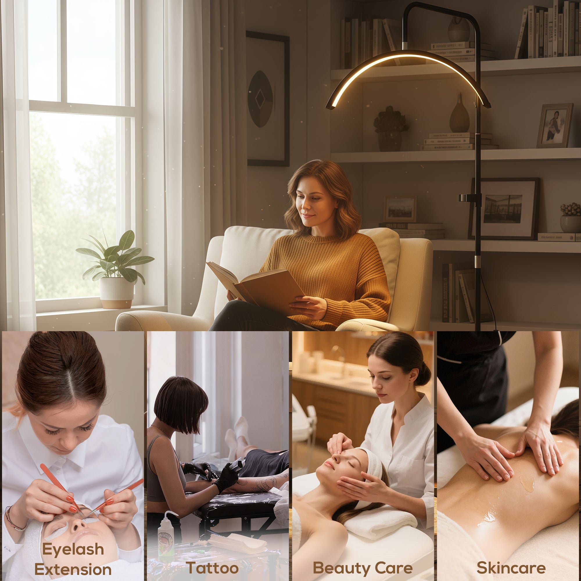 HOMCOM Half Moon Lash Light, Beauty Floor Lamp with 350° Rotatable Head, 7 Colour Temperature and Phone Holder, Dimmable Standing Lamp for Eyelash Extension, Tattoo, Nails, Skincare, Black 