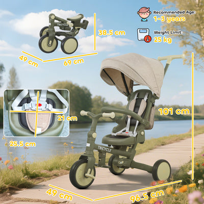 AIYAPLAY 5 in 1 Kids Trike with Adjustable Backrest, Toddler Tricycle with Push Handlebar, Adjustable Backrest, Dark Green 