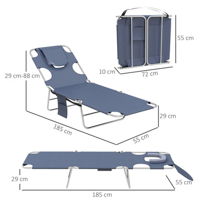 Outsunny Foldable Sun Lounger Set of 2 with Reading Hole, Portable Sun Lounger with 5 Level Adjustable Backrest, Reclining Lounge Chair with Side Pocket, Headrest Pillow, Grey 