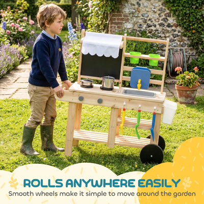 AIYAPLAY Mud Kitchen with Real Water Faucet Pretend Play Kitchen Playset with Sink and Storage Natural Wood 