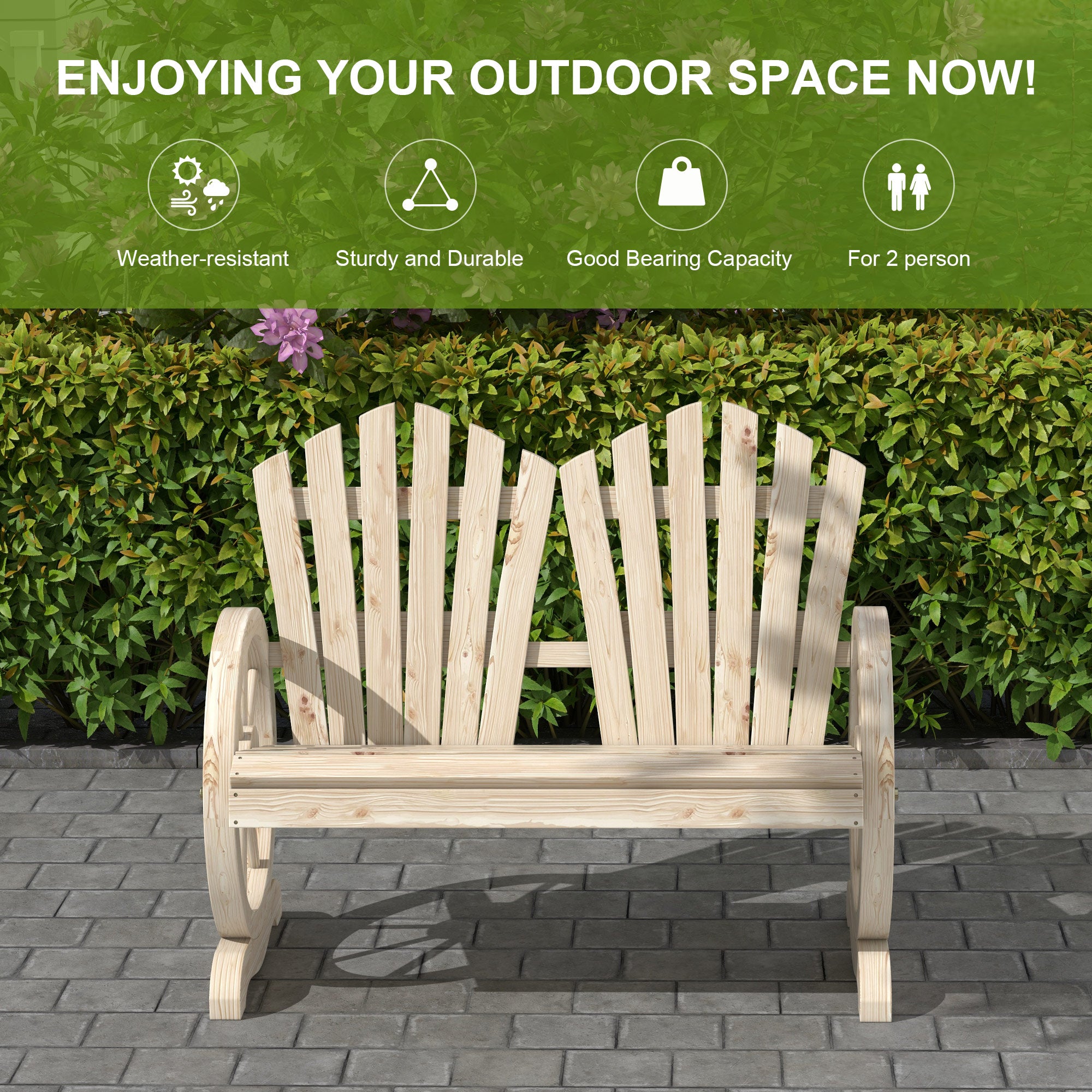 Outsunny Fir Wood Love Seats with Wheel-Shaped Armrests, Large Load-Bearing Chair, Natural Wood Finish 