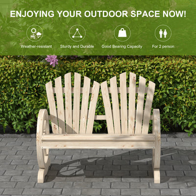 Outsunny Fir Wood Love Seats with Wheel-Shaped Armrests, Large Load-Bearing Chair, Natural Wood Finish 