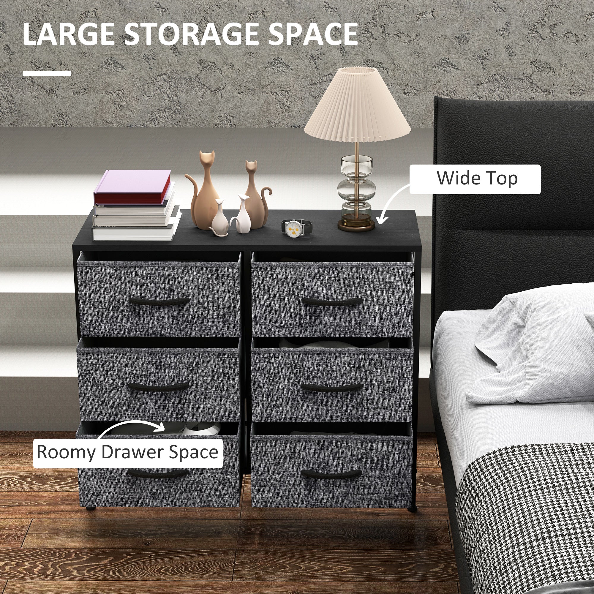 HOMCOM Fabric Chest of Drawers, Storage Drawers, Industrial Bedroom Dresser with 6 Fabric Drawers, Steel Frame and Wooden Top for Nursery, Living Room, Hallway, Black 