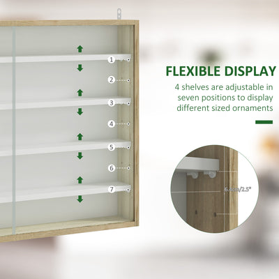 HOMCOM 5-Tier Wall Display Shelf Unit Cabinet w/ 4 Adjustable Shelves Glass Doors Home Office Ornaments 60x80cm Natural 