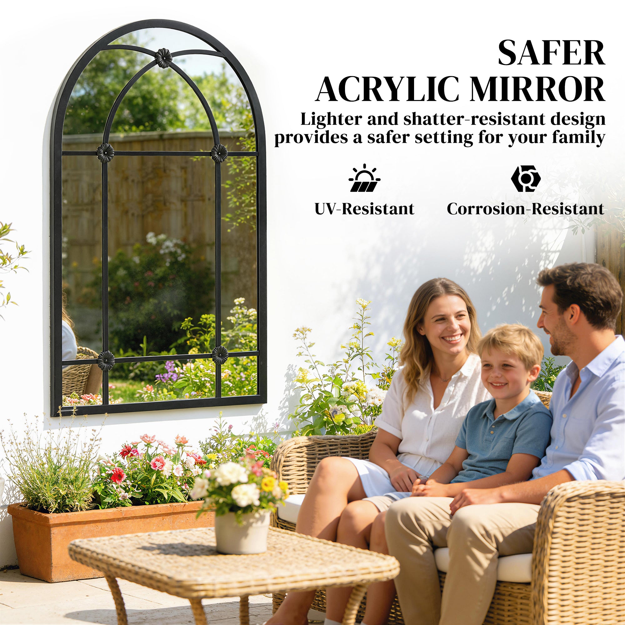 Outsunny Arched Mirror, Shatterproof Acrylic Windowpane Wall Mounted Mirror with Robust Metal Frame, 100 x 60 cm, Black 