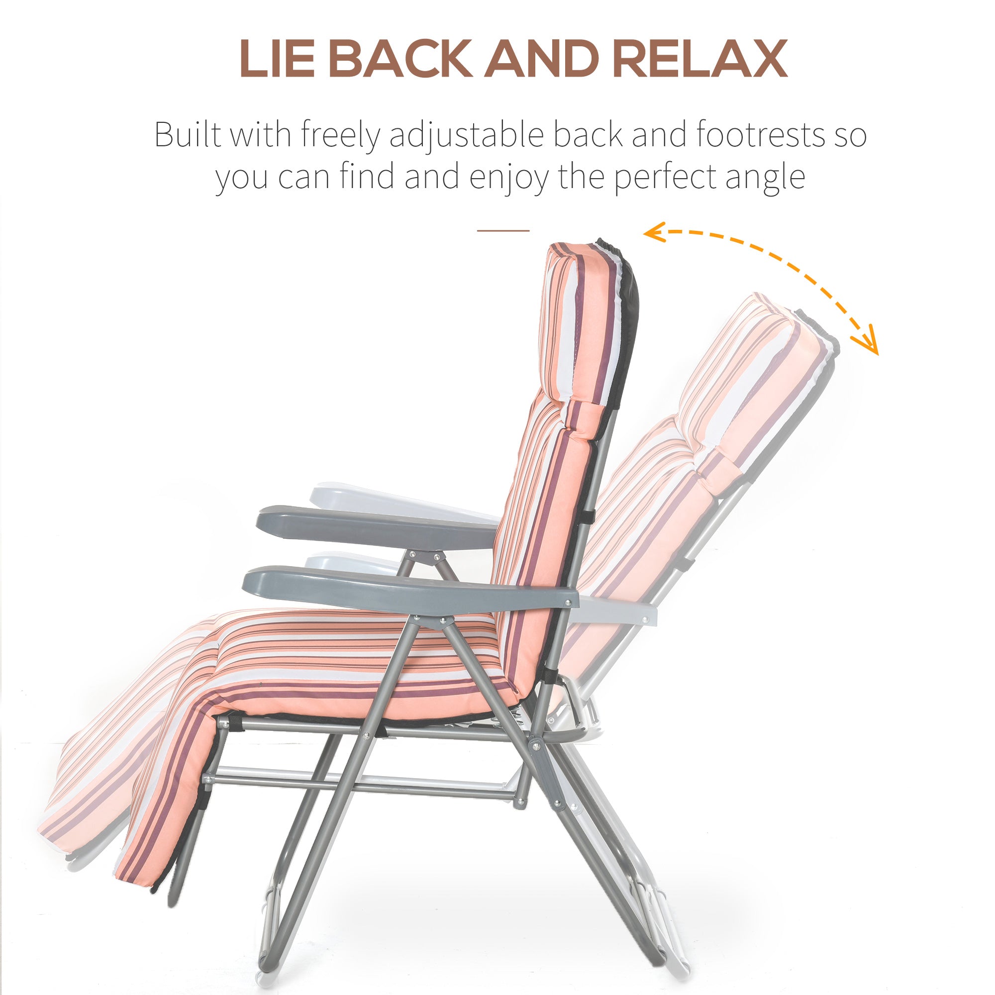 Outsunny Reclining Garden Chair Set of 2, 5-Level Adjustable Zero Gravity Chairs with Cushions, Folding Sun Lounger Garden Recliner Chairs with Armrests for Outdoor, Patio, Orange Stripe 