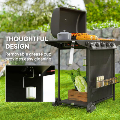 Outsunny 4+1 Burner Gas BBQ Grill, Portable Gas Barbecue Grill with Built-in Thermometer, Lid, Side Table, Shelf, Spice Rack, Wheels, Grease Cup for Garden Party Outdoor Cooking, Black 