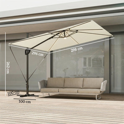 Outsunny 3 x 3 m Garden Cantilever Parasol w/ Light, Cover, UPF50+ Patio Umbrella w/ Wind Protection, 360° Rotation, Cream White 