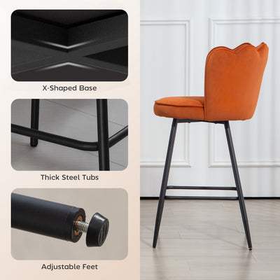 HOMCOM Set of Two Velvet-Feel Lotus Bar Stools - Orange 