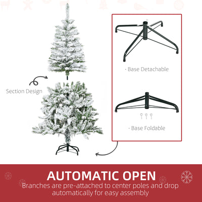 HOMCOM 5 Ft Snow Flocked Artificial Christmas Tree Xmas Pine Tree with Realistic Branches, Auto Open and Steel Base, Green 