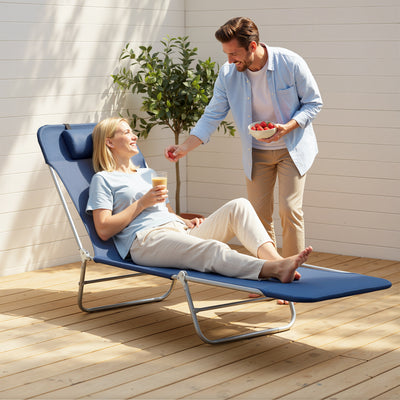 Outsunny Folding Sun Lounger with Head Pillow - Dark Blue 
