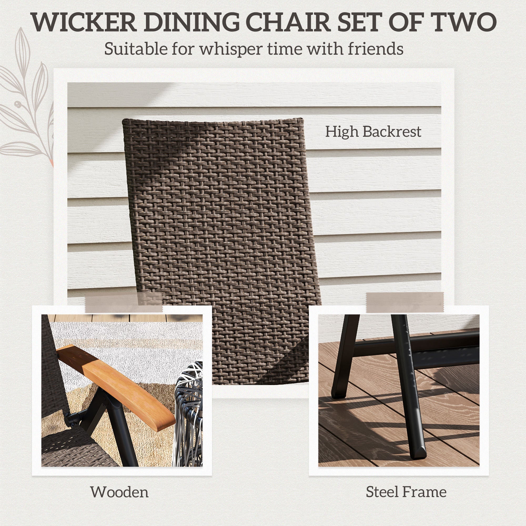 Outsunny 2 Pieces Outdoor Foldable Dining Chair with Armrests, High Backrest, for Garden, Camping, Balcony, Brown 