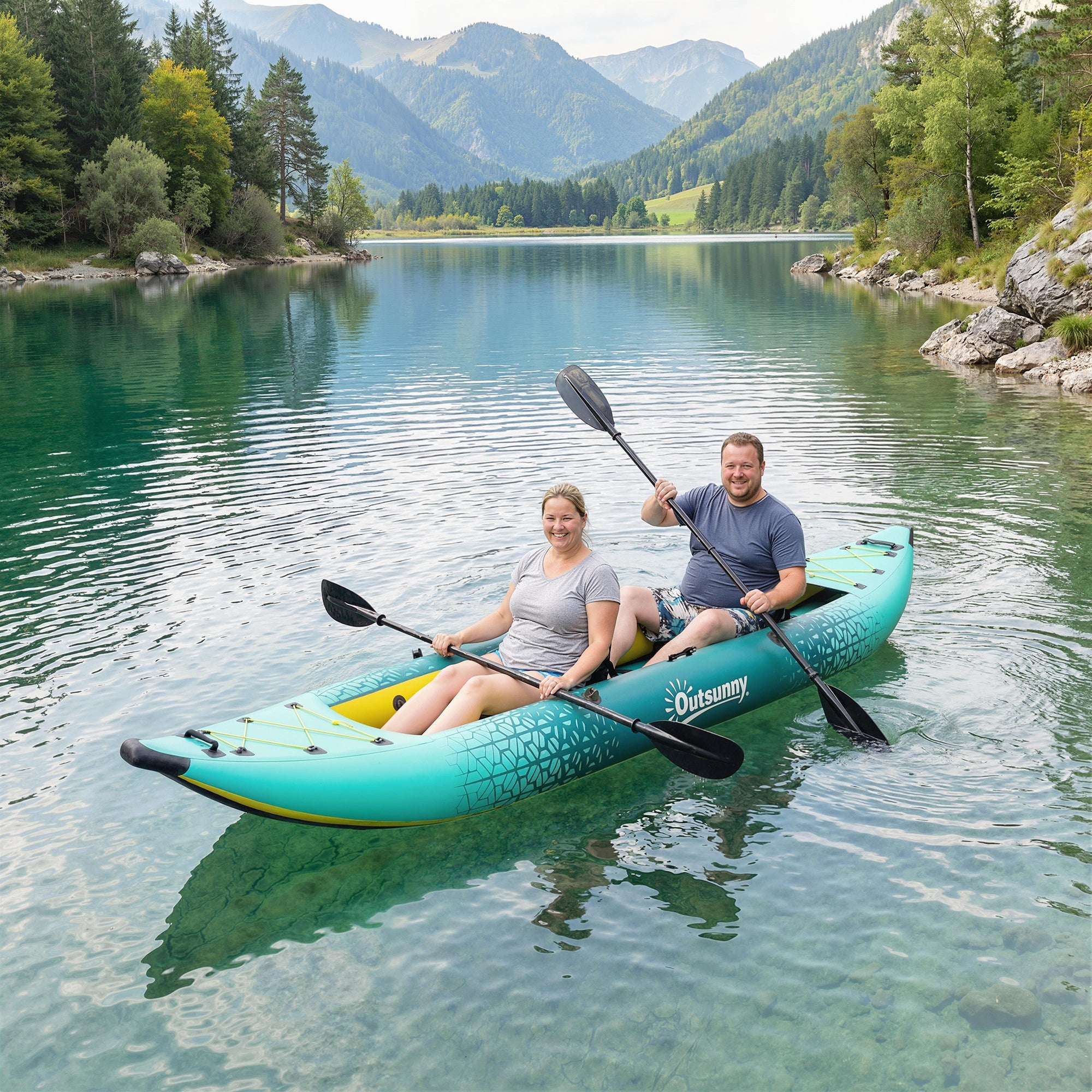 Outsunny 12.5' Inflatable Kayak Set, 2-person Sit on Canoe with Aluminium Oars, Blue and Yellow 