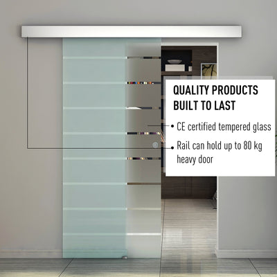 HOMCOM 90cm Sliding Glass Door Set Include Hardware Track Kit, Frosted Tempered Glass with Stripe Pattern, Round Handle 