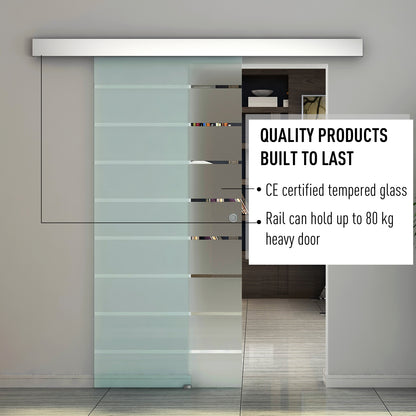 HOMCOM 90cm Sliding Glass Door Set Include Hardware Track Kit, Frosted Tempered Glass with Stripe Pattern, Round Handle 