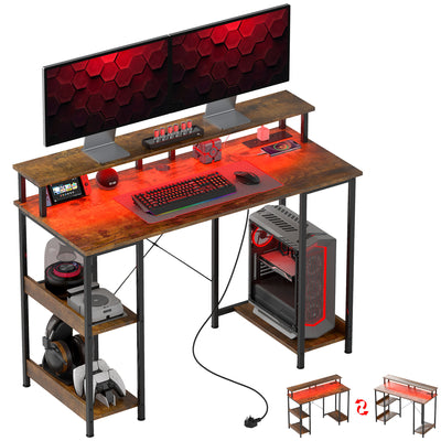 HOMCOM Computer Desk with Power Outlets and LED Lights, 120 x 50cm Reversible Home Office Desk with Monitor Stand and 2-Tier Storage Shelves, Gaming Desk with Cable Management, Rustic Brown 