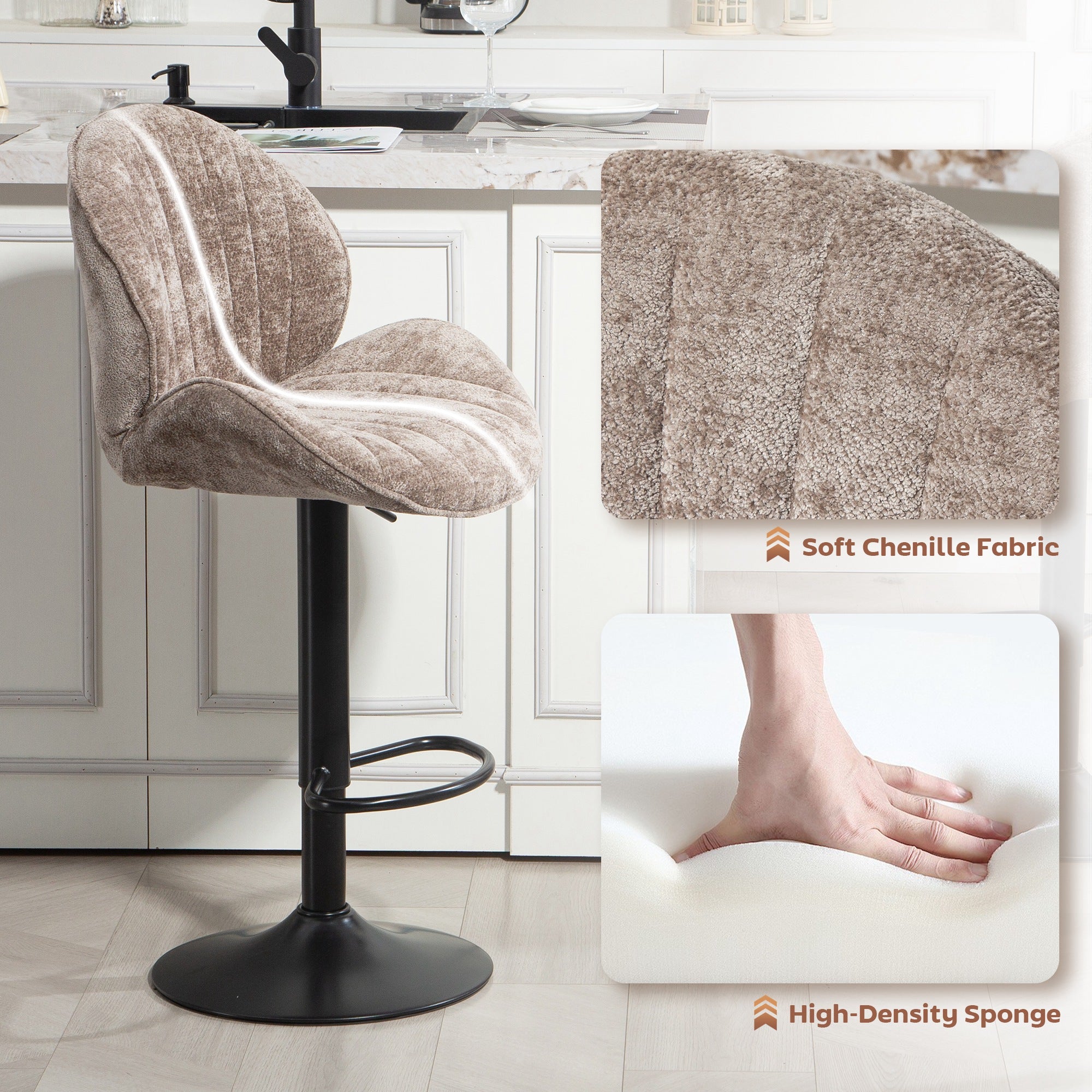 HOMCOM Bar Stools Set of 2, Swivel Barstools with Back, Adjustable Height and Footrest for Kitchen Island, Dining Room, Brown 