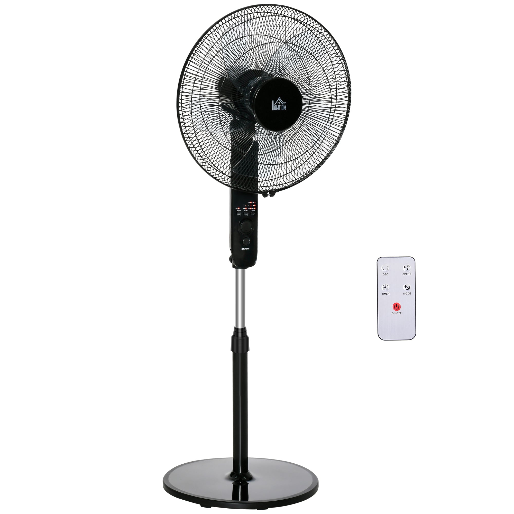 HOMCOM 18" Pedestal Fan, Oscillating Standing Fan with Remote Control, Floor Fan with Adjustable Height, 3 Speed, 7.5-Hour Timer, Black 