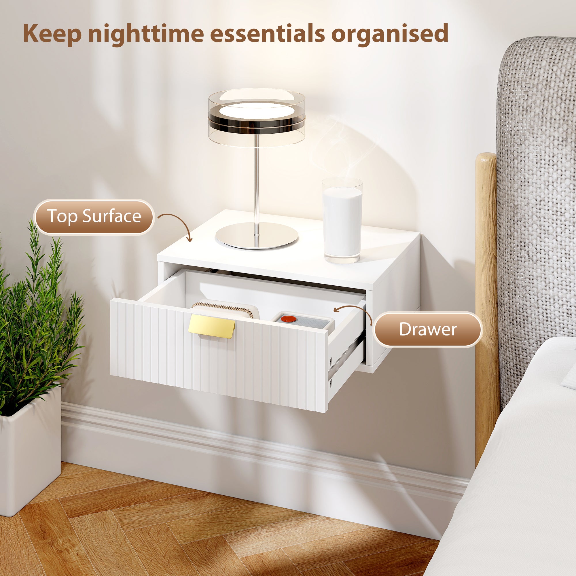 HOMCOM Modern Floating Nightstands Set of 2, Wall Mounted Bedside Tables with Wave Drawer White 